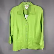 Talbots Top Womens 12W Green Irish Linen Blouse Button Front Pockets NEW