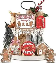 Jetec 12 Pcs Christmas Tiered Tray Decorations Set Christmas Wooden Signs Tiered Tray Decor Gingerbread Man Snowflakes Pink Gnome Sign Rustic Farmhouse Decor for Home Table Shelf(Santa)