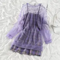 在飛比找Yahoo!奇摩拍賣優惠-背帶裙 女生套裝S~XL韓版 寬鬆 格子 吊帶裙+ 長袖 網