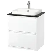 ÄNGSJÖN / BACKSJÖN wash-stnd w drawers/wash-basin/tap, high-gloss white/black marble effect, 62x49x71 cm