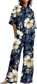 [Generic] Top Pajama Set for Women 2 Cotton Linen Set Oversized T Shirts Straight Leg Pant Plus Size Tracksuit Cute Comfy Shorts for Women