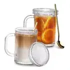 Glass Coffee Mugs, 13oz Clear Coffee Mug Glass Coffee Mugs with Lids Set of 2