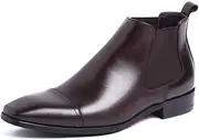 [Generic] Square Captoe Business Chelsea Boot for Men Work Boot Pull On Block HeelGenuine Leather Easy Care Middle Heel