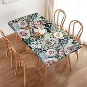 Tiger Leopard Print Flower Rectangular Tablecloth Table Cover for 4 Foot Tables, Waterproof Fitted Elastic Edged Table Cloth for Indoor Outdoor Party Wedding Picnic Patio, 4 Ft/48x30 inch