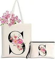 Initial Canvas Tote Bag for Women, Personalized Monogrammed Tote Bags with Makeup Gift Bag for Wedding Bridesmaids Birthday