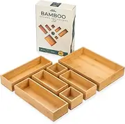 Grow Forward Bamboo Drawer Organizer Boxes - Set of 7 Wooden Drawer Organizers for Kitchen, Bathroom, Office, Desk, Vanity, Makeup - Non-Slip Junk Drawer Organizer Trays for Storage and Organization