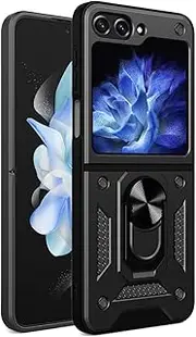 Case Suitable for Samsung Galaxy Z Flip6 / Samsung Galaxy Flip 6 2024 (6.7 Inches), PC Armor Ring Stand Case with Magnetic Base - Black