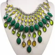 Lucky Brand Green Yellow Stone Bib Collar Statement Necklace Silver Tone Metal