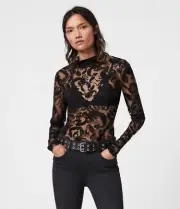 All Saints Black Bela Celeste Roll Neck T-shirt Designer Scorpion Print Top Tee