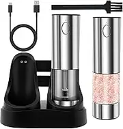 Electric Salt and Pepper Grinder Set, Stainless Steel Spice Grinder with Rechargeable Base and LED Light, Adjustable Coarseness Electric Salt and Pepper Shaker for Home Kitchen