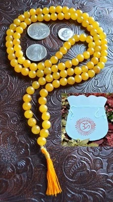 Yellow Jade Mala: Hand Knotted 108 Prayer Beads Necklace for Meditation,