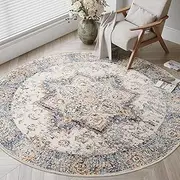 Smarcute Modern Round Rug for Bedroom Ring Around The Floral Ornament Rug Imitation Cashmere Circle Rugs Washable Non Slip Carpet Rug for Living Dining Room Office Nursery,Oriental Blue - 122 * 122cm