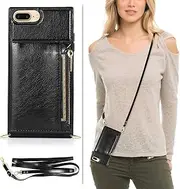 UEEBAI Case for iPhone 7 Plus iPhone 8 Plus, PU Leather Zipper Wallet Handbag Case with Card Holder Slots with Crossbody Wrist Strap Kickstand Magnetic Clasp Soft TPU Bumper Flip Case Cover - Black