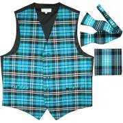 New Men's Plaid Tuxedo Vest Waistcoat Free Style Self Tie Bowtie Turquoise blue