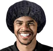 Wanmu Shower Caps, Shower Cap for Men Black Bath Cap, Waterproof Bath Caps, Reversible Large Waterproof Adjustable Shower Caps, Terry Lining & Elastic Band Bath Hair Hat (Black)