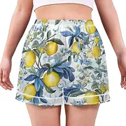 [RPLIFE] Yellow Lemons Blue Flowers Women Pj Shorts, Lounge Shorts, Comfy Summer Pajamas
