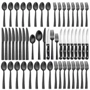 LIANYU 48-Piece Matte Black Silverware Set with Steak Knives, Stainless Steel...