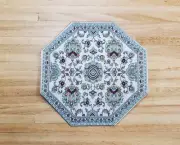 Dollhouse Fabric Rug Octagon Light Teal and White 1:12 Scale Miniature 5 3/4"