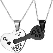 [UMtrade] 2pcs Stainless Steel Mens Womens "I LOVE YOU" Heart Key Couples Necklaces