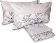 [hermet] Laura Biagiotti Cotton Double Bed Sheet Set, 100% Cotton, Top Sheet, Fitted Sheet, Pair of Pillowcases, Izar Taupe Floral Pattern