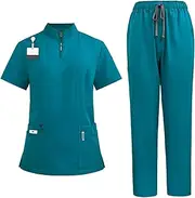 Meichoon Scrubs Set for Women Standing Collar Zipper Top with Four Pockets Stretchy Yoga Pants Medical Care Work Uniform Beauty Salon DK50