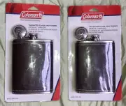 (2) Coleman Tailgater Leather-Wrapped 8 oz Stainless Steel Flask and Funnel NOS