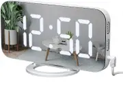 Digital Alarm Clock Desktop Mirror Surface Clock With Dual USB LED Display For Office Home White