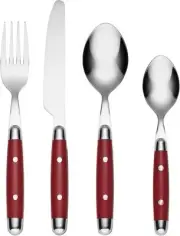16 Pieces Silver Flatware Set Red Handle Dinner Forks Spoons Knives Teaspoons