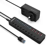 Simplecom CHU810 48W 10-Port USB 3.0 Hub and Charger with Individual Switches 12V/4A Power Adapter BC 1.2 Fast Charging