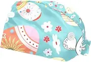 [WOSHJIUK] Working Hat 2 Pack Scrub Caps for Women,Floral Egg Easter Bunnies Chicks,Tie Back Cap Adjustable Scrub Hat