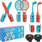 10 in 1 Switch Sports Accessories Bundle for Nintendo Switch, Family NS Sport Game Switch OLED Kits with Tennis Rackets, Golf Clubs, Chambara Swords, Soccer Leg Straps & Joycon Grips