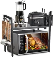Expandable Microwave Rack for Kitchen Countertop - Carbon Steel Shelf with 6 Hooks, Knife Holder, Cutting Board & Chopstick Organizer, Space-Saving Storage (Double-layer large size)