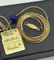 Napier 70's/80's Faux Lapis Lazuli Bead On Gold Tone Flat Chain Vintage Tags