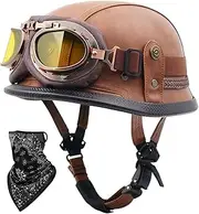 Motorcycle Half Helmet with Goggles Vintage Open Face Leather Half Helmet DOT/ECE Certification Adult Skull Cap Helmet Scoop Helmets for Men and Women Mopeds Scooters 5,XXL(61-62CM)