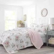 [Laura Ashley] Queen Quilt Set, Cotton Reversible Bedding with Matching Shams, Home Decor Ideal for All Seasons (Honeysuckle Pink, Queen)
