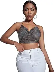 [Generic] Women Sexy Glitter Rhinestone Halter Tank Top Shiny Fishnet Mesh Crop Top See Through Cami