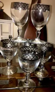 VTG JPreziosi Lavorato A Mano Italy Silver Rim Wine Glasses Barware Set-6-New