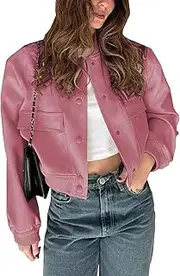 [imbpceu] Women Cropped Bomber Jacket Casual Long Sleeve Coats Button Down Varsity Jackets with Pockets Pink M