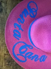 Punta Cana Pink Floppy Straw Hat-Blue Ribbon and Lettering Women 17" NEW w/tags