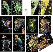 Adult Crafts Glow in The Dark, A5 Scratch Art Rainbow Painting Paper 8 Sheet with Tools, Landscape Scratchboard for Teens & Adults, Fun Creative Craft Toy/Gifts/Decor,Set 1