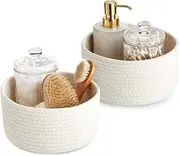 JZS Cotton Rope Woven Basket Set, 2 Pcs Natural Cotton Small Storage Baskets for Organizing for Montessori, Baby Nursery Dog Toy Baskets, Bathroom Organization Bin,White