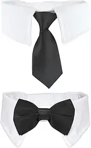 Dog Ties and Bows, KOOLMOX Black Dog Bow and Tie with Shirt White Collar for Medium Large Dogs Cats Tuxedo Tux Suits, Wedding Birthday Valentines Day Costumes, 2 Pack Black