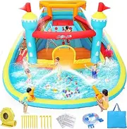 Inflatable Water Slide 10 in 1 Water Park with Splash Pool, Jump Area, 2 Water Slide, Climbing Wall, 2 Water Cannon, Dual Top Sprayer & 520W Blower for Outdoor Backyard (Blue-Orange)