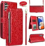 [Furiet] Luxury Wallet Case for Samsung Galaxy A14/M14 5G with Wrist Strap Shoulder Strap Zipper Purse, Sparkly Pleated Pattern PU Leather Card Holder Stand Cell Phone Cover for A 14 4G 14A 14M G5 Red