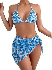 [COOLOYA] Women's Wave Print Smocked 3 Piece Triangle Bikini Sets Halter Padded Bathing Suits with Mesh Cover Up, Blue, Medium