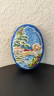 Vintage 1987 Lillian Vernon Snow Scene Sled Blue Tin Dual 2 Wick Candle NEW
