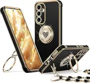 [ELEPIK] 6D-Stand Series for Galaxy S24 Plus Case with Double Ring Kickstand, [Convenient Wrist Strap] Women Girls Bling Luxury Heart Slim Protective Case for Samsung Galaxy S24 Plus, Black