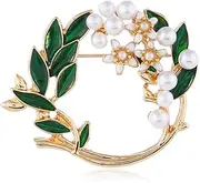 [Dtja] Pearl Flower Wreath Brooches for Women Men Girls Gold Tone Fashion Vintage Green Olive Leaf Hollow Garland Brooch Pins Bow Tie Necktie Dress Accessories Jewelry Birthday, Metal