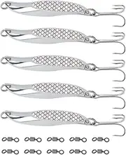 Songholee 5pcs Silver Metal Sea Fishing Lures 65mm Wedge Slice Treble Hooks Lures with 10 Swivels Casting for Bass Mackerel Trout Bluefish Pik Salmon 21g