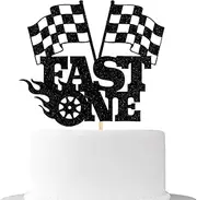 WRACKKIAR Fast One Cake Topper-1st Birthday - Topper For Photo Booth Props & Backdrop Cake-Chequered Flag Race Car Themed Suppllies-1st Decor Boy or girl